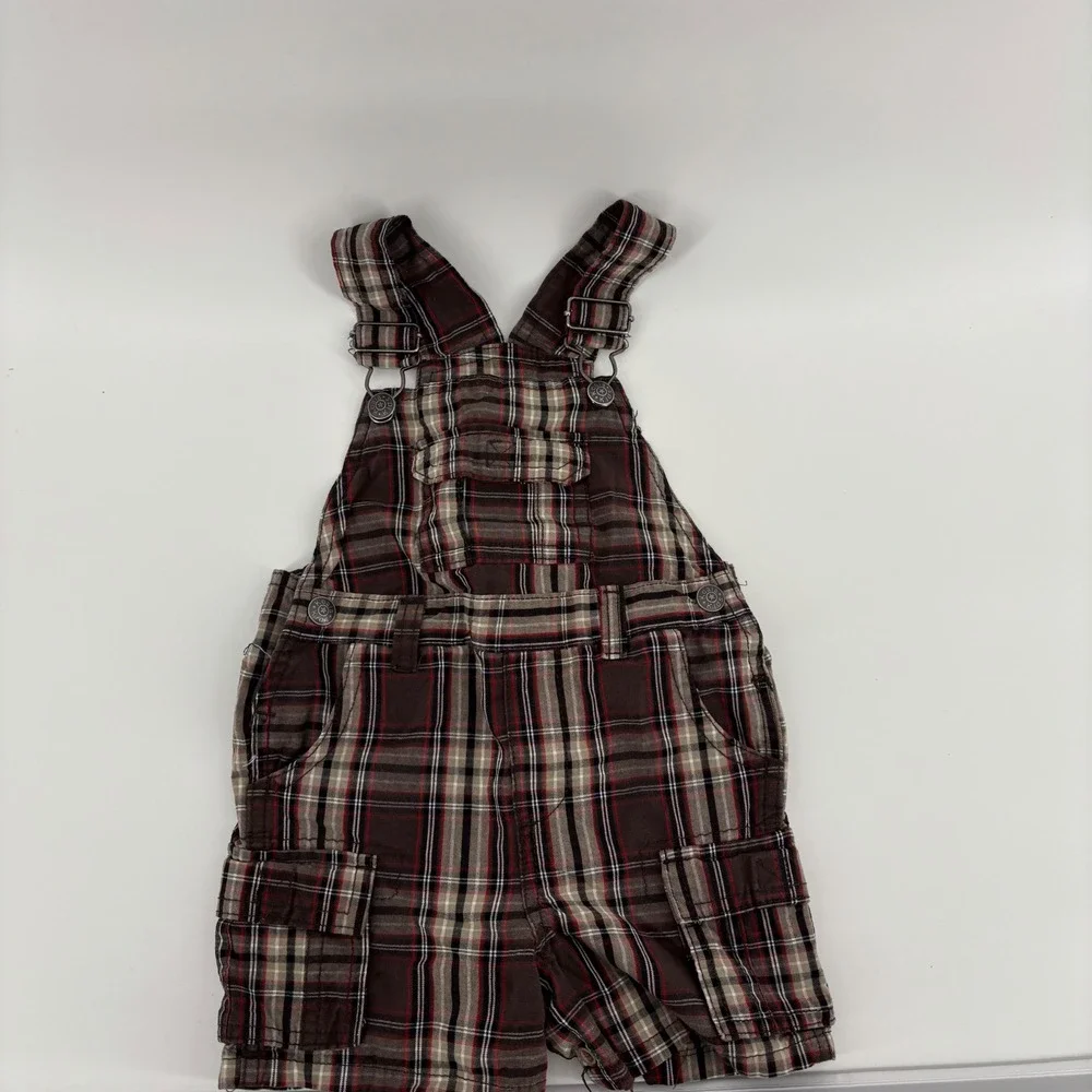 Koala Kids Plaid Shortalls Kids 24M Brown Good Cargo Pockets Cotton Snap‎ Inseam